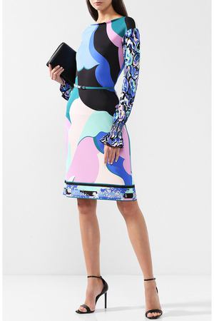 Платье из смеси шелка и вискозы с поясом и принтом Emilio Pucci Emilio Pucci 8RJG48/8R734 купить с доставкой