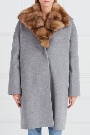 Серое кашемировое пальто с мехом куницы DREAMFUR 140164622 вариант 2