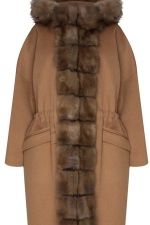 Бежевое пальто с меховой отделкой DREAMFUR 140199487 купить с доставкой