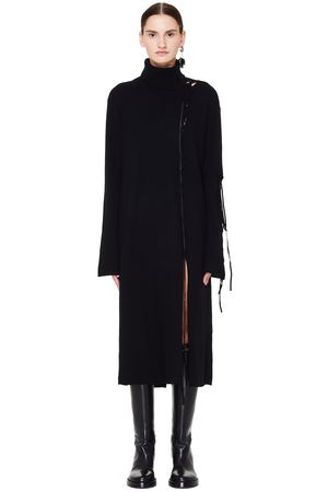 Шерстяное платье с кожаной шнуровкой Yohji Yamamoto FV-K04-191/blk купить с доставкой