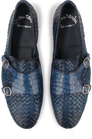 Туфли-монки из кожи крокодила Santoni Santoni MCCG15524/48 Синий/плетение крокодил