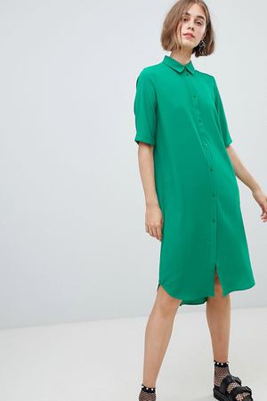 Зеленое свободное платье-рубашка миди Monki - Зеленый Monki 40888 купить с доставкой
