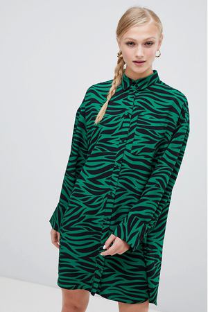 Черно-зеленое платье-рубашка с тигровым принтом Monki - Мульти Monki 34619 купить с доставкой